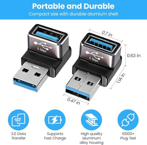 Right Angle USB Adapter 4-Pack OTG 90 Degree USB 3.0 Male to Female Connector (Left & Right, Up & Down), Support Charge and Data Sync (5GBps) for PC, Laptpo, Mouse, Keyboard and More in Saudi Arabia