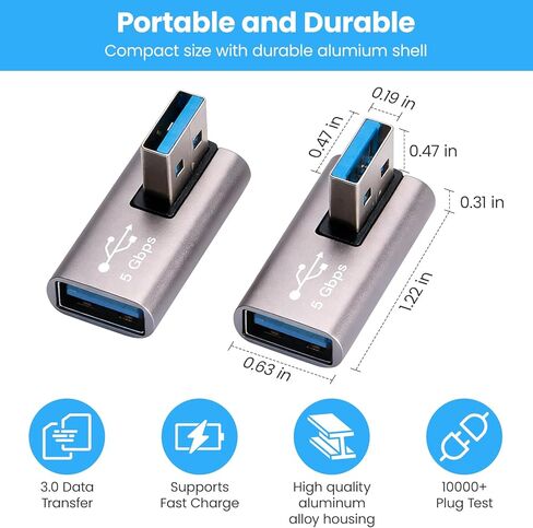 Right Angle USB Adapter 4-Pack OTG 90 Degree USB 3.0 Male to Female Connector (Left & Right, Up & Down), Support Charge and Data Sync (5GBps) for PC, Laptpo, Mouse, Keyboard and More in Saudi Arabia