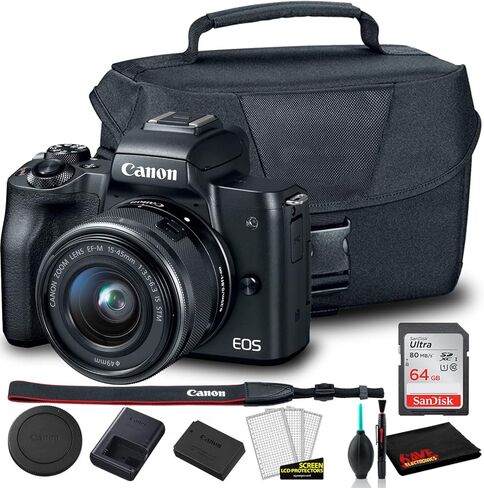Canon EOS M50 Mirrorless Digital Camera with 15-45mm Lens Bundle (Black) (2680C011), EOS Bag, 64GB Card and More in Saudi Arabia