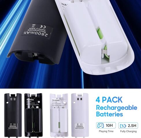 بطاريات Wii عن بعد قابلة لإعادة الشحن، محطة شحن TechKen مع 4 حزم بطاريات Wii قابلة لإعادة الشحن بقدرة 2800 مللي أمبير في الساعة لوحدة تحكم Wii، شاحن Wii متوافق مع وحدة تحكم Nintendo Wii in Kuwait