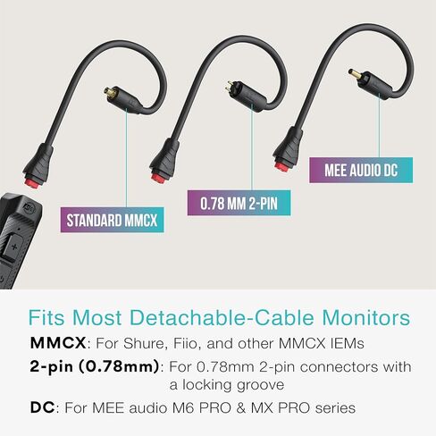 كابل محول بلوتوث لاسلكي MEE audio BT3 للشاشات داخل الأذن - يتضمن موصلات MMCX، 2-pin (0.78 مم) وموصلات DC لتوافق IEM واسع؛ بلوتوث 5.4، aptX HD، aptX Adaptive، LDAC، Auracast in Kuwait