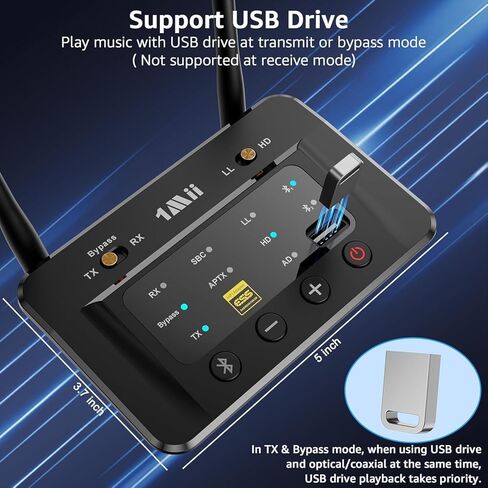 1Mii B03S مستقبل إرسال بلوتوث 5.3 للتلفزيون المنزلي ستيريو، محول صوت لاسلكي مع Audiophile DAC، aptX Adaptive/LL/HD، وصلة مزدوجة، مدخلات/مخرجات RCA AUX 3.5 مم بصرية in Kuwait