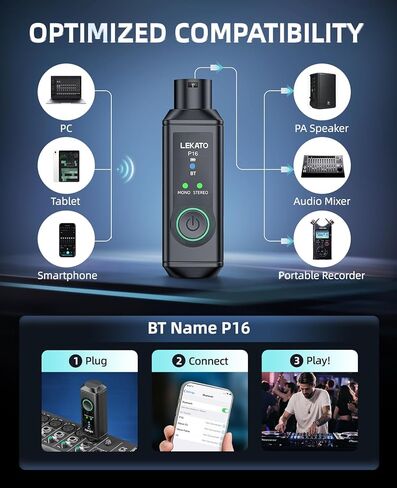 LEKATO XLR Bluetooth Receiver, BT 5.3, 48kHz/24bit, Wireless Bluetooth Adapter for Mixing Console Desk, Audio Mixers, PA Speakers, DJ Systems, 165ft Range, 15H Battery Life (1 Pack for Mono) in Saudi Arabia