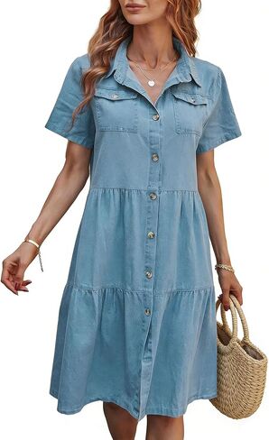 chouyatou Women's Summer Short Sleeve Button Down Denim Shirt Dress Lapel Ruffle Hem Babydoll Jean Midi Dress in Saudi Arabia