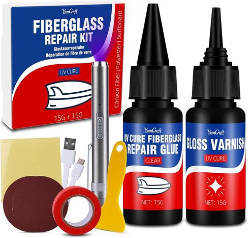 UV Marine Fiberglass Repair Kit 15g, UV Cure Epoxy Resin with UV Light & Gloss Varnish, Gel Coat Repair Kit for Boats Jetski Yacht Surfboard, Fix Cracks Holes Scratches on Fiberglass Carbon Fiber in Saudi Arabia