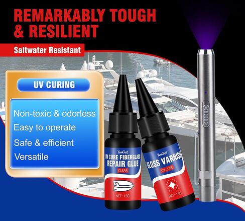 UV Marine Fiberglass Repair Kit 15g, UV Cure Epoxy Resin with UV Light & Gloss Varnish, Gel Coat Repair Kit for Boats Jetski Yacht Surfboard, Fix Cracks Holes Scratches on Fiberglass Carbon Fiber in Saudi Arabia