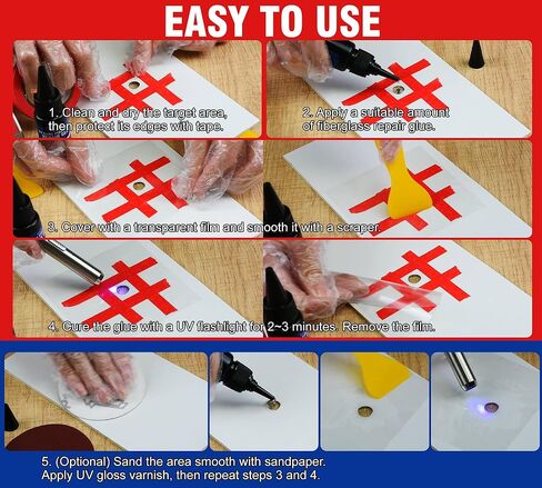 UV Marine Fiberglass Repair Kit 15g, UV Cure Epoxy Resin with UV Light & Gloss Varnish, Gel Coat Repair Kit for Boats Jetski Yacht Surfboard, Fix Cracks Holes Scratches on Fiberglass Carbon Fiber in Saudi Arabia