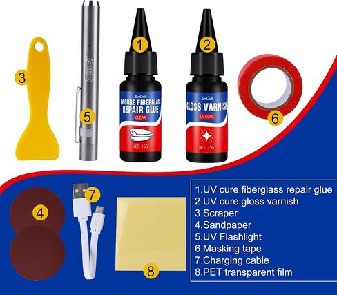 UV Marine Fiberglass Repair Kit 15g, UV Cure Epoxy Resin with UV Light & Gloss Varnish, Gel Coat Repair Kit for Boats Jetski Yacht Surfboard, Fix Cracks Holes Scratches on Fiberglass Carbon Fiber in Saudi Arabia