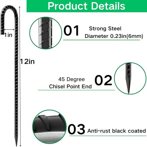 Rebar Stakes 12 Inch 5-Pack, Premium Black Coated J Hook Heavy Duty Ground Stakes for Chain Link Fence, Camping Tents, Inflatables in Saudi Arabia