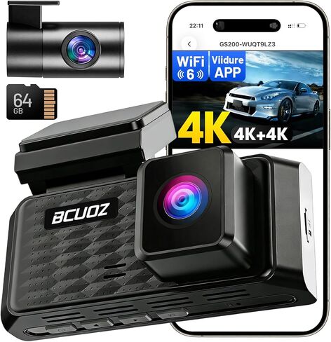 كاميرا داش كام أمامية وخلفية 4K+4K، كاميرا داش واي فاي 5.8 جيجا هرتز للسيارات مع شاشة لمس IPS 3.39 بوصة، زاوية واسعة 170 درجة، مستشعر G، وضع انتظار 24 ساعة، بطاقة مجانية 64 جيجابايت متضمنة (GS200) in Saudi Arabia