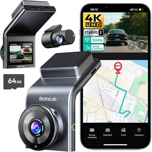 BOTSLAB G300 PLUS 4K DUAL Dash Cam Front and Rear [2026 Upgraded], STARVIS 2 Sensor, 64GB Card Included, Voice Control, 5GHz WiFi Dashcam Front and Rear Camera, GPS, WDR Night Vision, 24H Parking Mode in Saudi Arabia