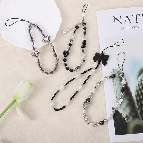 4 Pcs Crystal Beaded Phone Charms with Phone Tether Tab Cute Beaded Phones Lanyard Wrist Strap Acrylic Cell Phones Wrist Strap Aesthetic CellPhone Keychain for Camera Key Purse for Women in Saudi Arabia