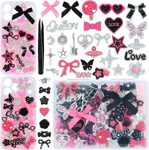 RIHYTFU Junk Case Charms Kit، جراب هاتف وردي غير مرغوب فيه لتخصيص حالات DIY، سحر ذهبي لصنع حالات الهاتف مع القوس الفراشة السائبة اللؤلؤ المسطح، إكسسوارات الحرف اليدوية DIY in Kuwait