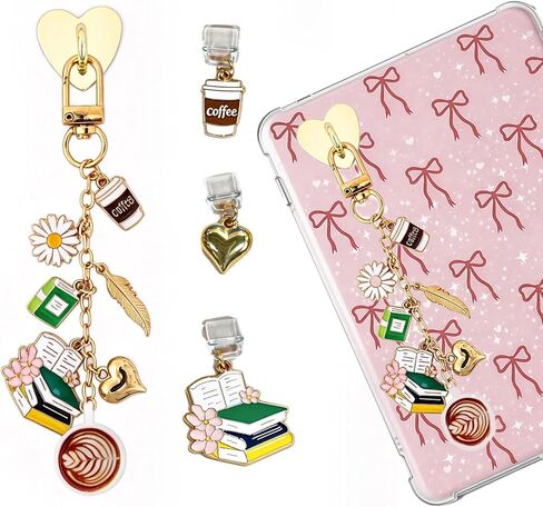 4PCS Coffee Reading Charms for Kindle - Gold Retro Chains with Type C Dust Plug, Charm for Readers Booklovers Women Men, Compatible for E-Reader Phones Paper White in Saudi Arabia