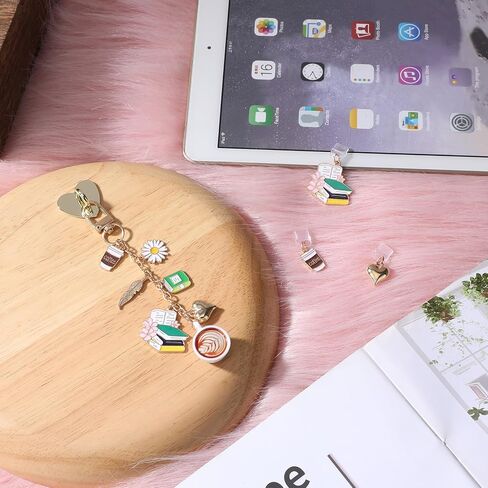 4PCS Coffee Reading Charms for Kindle - Gold Retro Chains with Type C Dust Plug, Charm for Readers Booklovers Women Men, Compatible for E-Reader Phones Paper White in Saudi Arabia