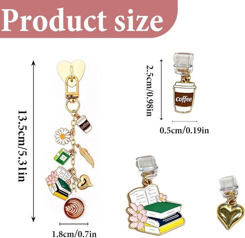4PCS Coffee Reading Charms for Kindle - Gold Retro Chains with Type C Dust Plug, Charm for Readers Booklovers Women Men, Compatible for E-Reader Phones Paper White in Saudi Arabia