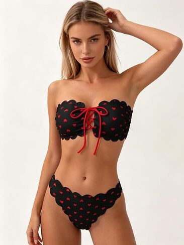Women's Retro Heart Print Bikini Set, Triangle Top and High Waisted Bottom Swimsuit in Saudi Arabia