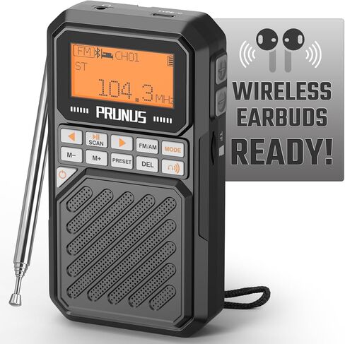 PRUNUS J525 Portable Radio AM FM with Bluetooth Earphone Output & Bluetooth Speaker Mode, Preset, 2500mAh Rechargeable, Micro SD Playback with Shuffle & Sequential Play, Headphone Jack, Sleep Timer in Saudi Arabia