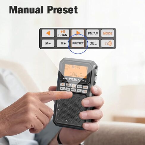 PRUNUS J525 Portable Radio AM FM with Bluetooth Earphone Output & Bluetooth Speaker Mode, Preset, 2500mAh Rechargeable, Micro SD Playback with Shuffle & Sequential Play, Headphone Jack, Sleep Timer in Saudi Arabia