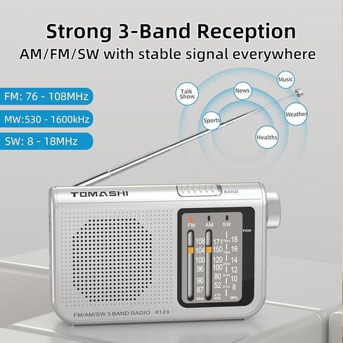 راديو ترانزستور محمول AM/FM/SW ثلاثي الموجات، هوائي تلسكوبي، مقبض ضبط كبير، مؤشر LED، يعمل بالبطارية، مقبس سماعة رأس 3.5 مم، راديو عتيق مدمج لكبار السن، المنزل، في الهواء الطلق، السفر in Kuwait