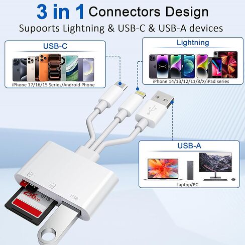 SD Card Reader for iPhone 17 16 15 14 iPad, 3-in-1 Memory Card Reader with USB Camera Adapter, SD/Micro SD Card Adapter for Trail Game Camera Viewer, iPhone SD Card Adapter for Mac Android PC in Saudi Arabia