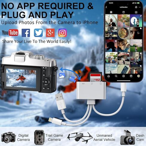 SD Card Reader for iPhone 17 16 15 14 iPad, 3-in-1 Memory Card Reader with USB Camera Adapter, SD/Micro SD Card Adapter for Trail Game Camera Viewer, iPhone SD Card Adapter for Mac Android PC in Saudi Arabia