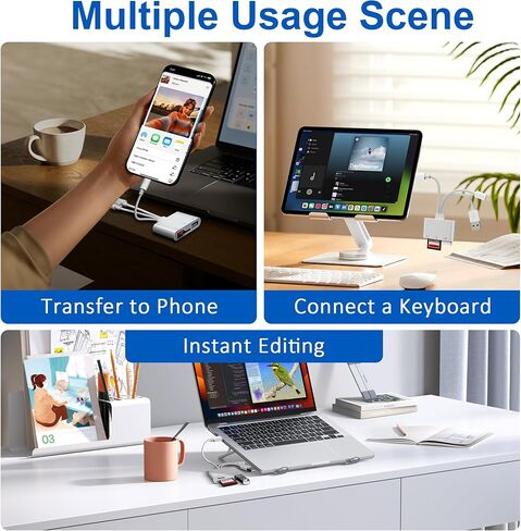 SD Card Reader for iPhone 17 16 15 14 iPad, 3-in-1 Memory Card Reader with USB Camera Adapter, SD/Micro SD Card Adapter for Trail Game Camera Viewer, iPhone SD Card Adapter for Mac Android PC in Saudi Arabia