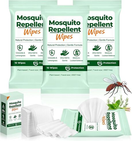 Mosquito Repellent Wipes, 40 Count Outdoor Insect Bug Repellent Wipes with Natural Citronella, DEET Free, Travel Size, Resealable Pouches 10 Wipes Each for Camping Hiking Travel Patio Garden in Saudi Arabia