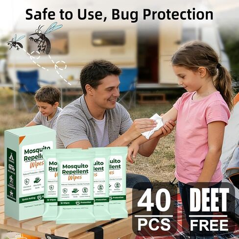 Mosquito Repellent Wipes, 40 Count Outdoor Insect Bug Repellent Wipes with Natural Citronella, DEET Free, Travel Size, Resealable Pouches 10 Wipes Each for Camping Hiking Travel Patio Garden in Saudi Arabia