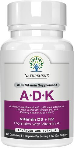 NatureGenX فيتامين ADK - مكمل فيتامين أ، فيتامين د3 5000 وحدة دولية، فيتامين ك2 MK-7، فيتامين أ، فيتامين د3 و ك2 للعظام والقلب والمناعة | كمية تكفي لمدة شهرين من مكمل فيتامين ADK (60 كبسولة) in Kuwait