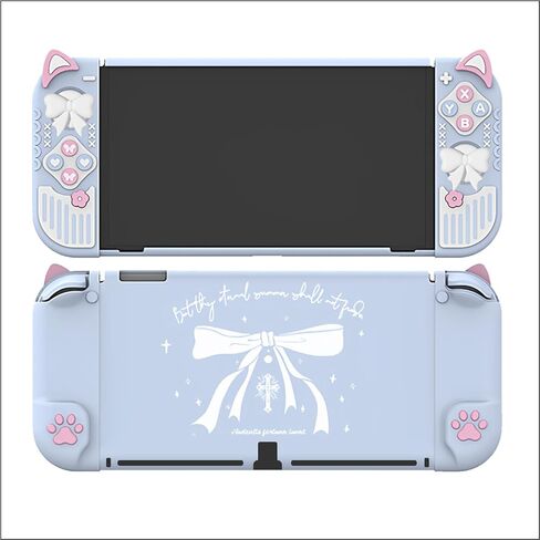 ​​illuscore Cute Cat Ear Case for Switch OLED, Protective Cover with Soft Silicone Grip and Anti-Scratch Matte Hard Back Shell, Includes Adorable Bow Joystick Caps - White &​ Blue​​ (White) in Saudi Arabia
