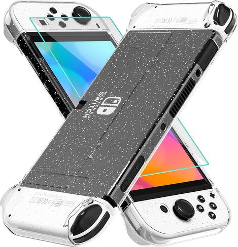 GLDRAM Glitter Case Kit Switch OLED 2021، غطاء واقٍ للكمبيوتر قابل للإرساء لوحدة تحكم Switch OLED، حافظة مريحة من مادة TPU لجهاز Joycon، مجموعة بشرة لامعة مع واقي شاشة وأغطية إبهام in Saudi Arabia