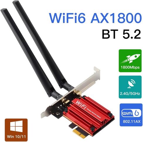 بطاقة WiFi 6 PCIe مع بلوتوث 5.2، AX1800 ثنائي النطاق 2.4G/5G للكمبيوتر المكتبي، شريحة MT7921، زمن استجابة منخفض للألعاب وتدفق 4K، هوائي عالي الكسب وأمان WPA3 in Kuwait
