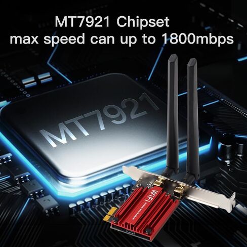 بطاقة WiFi 6 PCIe مع بلوتوث 5.2، AX1800 ثنائي النطاق 2.4G/5G للكمبيوتر المكتبي، شريحة MT7921، زمن استجابة منخفض للألعاب وتدفق 4K، هوائي عالي الكسب وأمان WPA3 in Kuwait