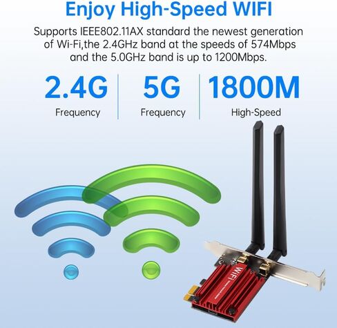 بطاقة WiFi 6 PCIe مع بلوتوث 5.2، AX1800 ثنائي النطاق 2.4G/5G للكمبيوتر المكتبي، شريحة MT7921، زمن استجابة منخفض للألعاب وتدفق 4K، هوائي عالي الكسب وأمان WPA3 in Kuwait