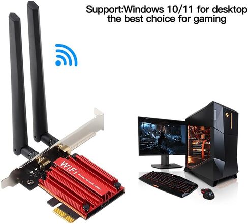 بطاقة WiFi 6 PCIe مع بلوتوث 5.2، AX1800 ثنائي النطاق 2.4G/5G للكمبيوتر المكتبي، شريحة MT7921، زمن استجابة منخفض للألعاب وتدفق 4K، هوائي عالي الكسب وأمان WPA3 in Kuwait