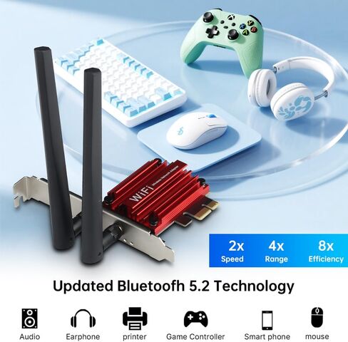 بطاقة WiFi 6 PCIe مع بلوتوث 5.2، AX1800 ثنائي النطاق 2.4G/5G للكمبيوتر المكتبي، شريحة MT7921، زمن استجابة منخفض للألعاب وتدفق 4K، هوائي عالي الكسب وأمان WPA3 in Kuwait