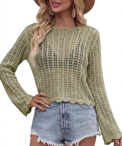 Women's Crochet Pullover Sweaters Cover Up Soft Hollow Out Cropped Beach Swim Coverup, Boat Neck Long Sleeve Tops in Saudi Arabia