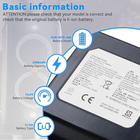 SUN-INTE-260 Battery Compatible with JBL PartyBox 100 Portable Wireless Bluetooth Party Speaker 14.4V 2500mAh 36Wh in Saudi Arabia