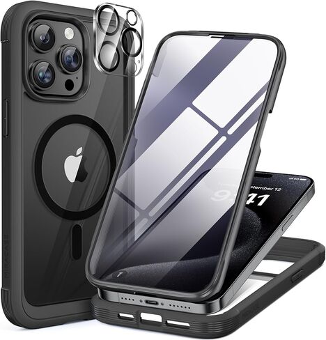 Miracase Magnetic for iPhone 15 Pro Case [Compatible with MagSafe] Full-Body Bumper Phone case with Built-in Glass Screen Protector& Camera Protector, Military Drop Proof 15 Pro Cover 6.1 inch, Black in Saudi Arabia