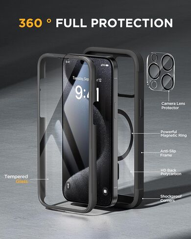 Miracase Magnetic for iPhone 15 Pro Case [Compatible with MagSafe] Full-Body Bumper Phone case with Built-in Glass Screen Protector& Camera Protector, Military Drop Proof 15 Pro Cover 6.1 inch, Black in Saudi Arabia