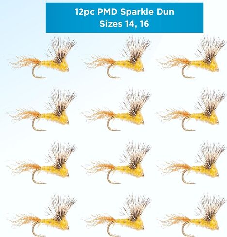 عبوة من 12 قطعة من PMD Sparkle DUN - ذباب جاف ممتاز مربوط يدويًا لصيد الأسماك بالذباب - نمط صباحي شاحب واقعي - مجموعة ذبابة سمك السلمون المرقط عالية الطفو ومطابقة للفتحة in Kuwait