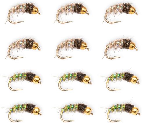 Caddis Larvae 12 Pack – Hand Tied Nymph Flies for Trout Fly Fishing – Realistic Caddis Larva Pattern for Rivers, Creeks & Streams – Premium Subsurface Trout Fly Set in Saudi Arabia
