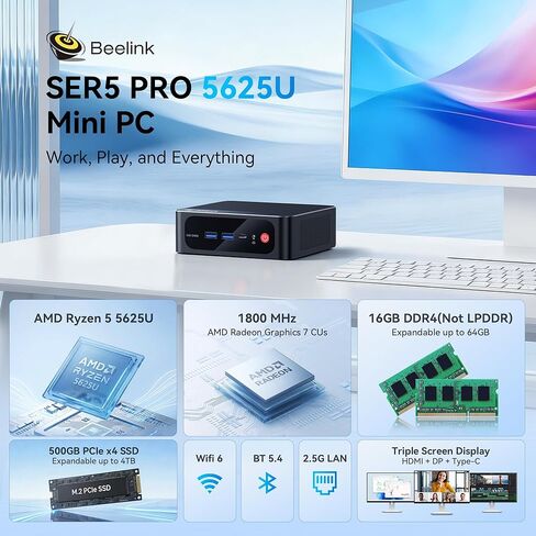 Beelink SER5 Pro Mini PC, Ryzen 5 5625U (6C/12T, Up to 4.3GHz), 16GB DDR4 RAM, 500GB NVMe SSD, Radeon Graphics 7 CUs, Triple Display 4K@60Hz via HDMI/DP/Type-C, WiFi 6/BT 5.4, Compact Office Desktop in Saudi Arabia