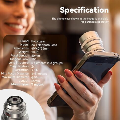 عدسة Fotorgear T‑Mount 2X Telephoto لهاتف iPhone 15/16/17 Pro Max & Samsung S24/S25 Ultra، عدسة هاتف عالية الوضوح للحفلات الموسيقية ومهرجان الموسيقى والسفر والرياضة in Saudi Arabia