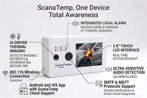 AI Thermal Flame & Heat Detector for EV Charging, E-Bike Battery, and Garage Safety | Advanced Sound Monitor System in Saudi Arabia