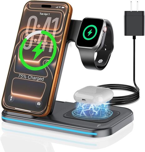 [Qi] 3 in 1 Charging Station for iPhone, 21W Wireless Charging Station, Stand Multiple Devices for Apple, for iPhone 17 16 15 14-8 Pro Max, Watch, AirPods 4 3 Pro, Nightstand, Desk, Trip, Gift in Saudi Arabia