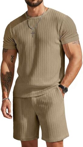 UOUA Mens Shorts Set Crewneck Short Sleeve T-Shirt & Shorts Twisted Texture 2 Piece Summer Outfits Casual Matching Sets in Saudi Arabia