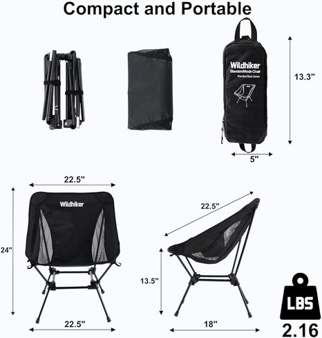 Wildhiker Lightweight Camping Chair – Folding Portable Chair for Adults, 2.16 lbs with Square Base and Carry Bag for Travel, Fishing, Motorcycle, Festival– Black in Saudi Arabia