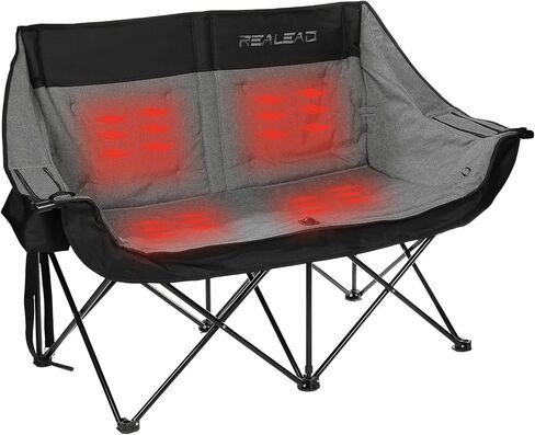 REALEAD Heated Double Camping Chair - Portable Heated Loveseat Chairs for Outdoor Sports with 3 Heat Levels and 4 Heating Zones - Heating Folding Chairs for Outside - Battery NOT Included in Saudi Arabia